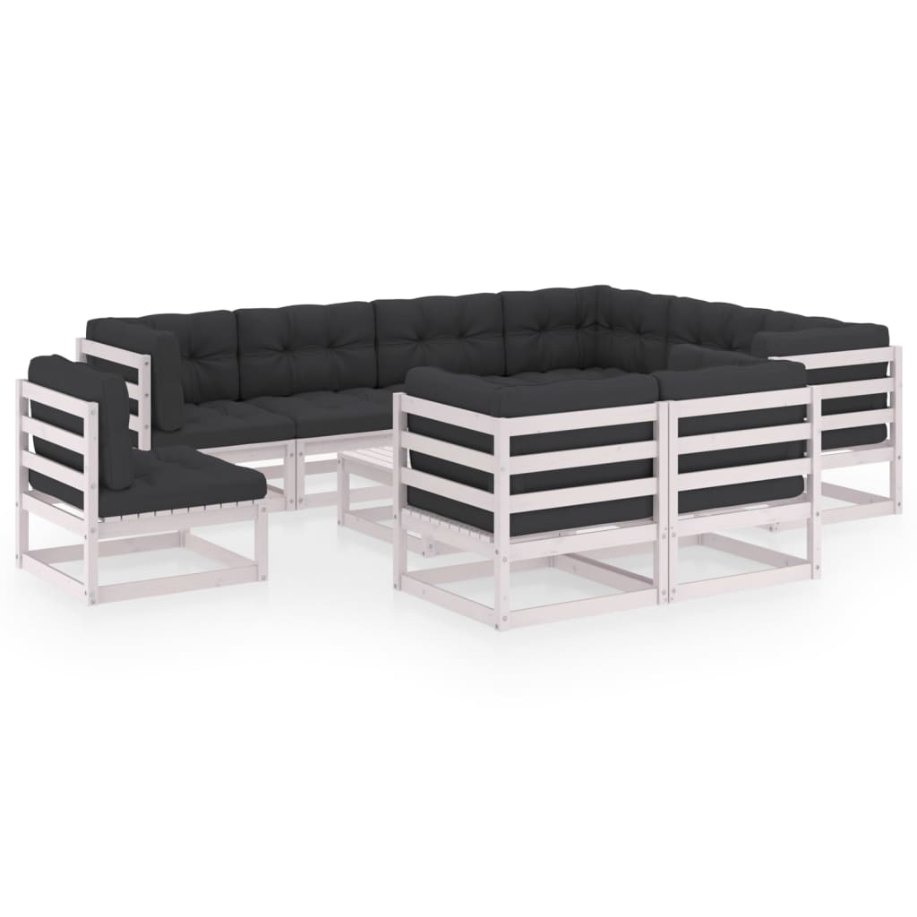 10-tlg. Garten-Lounge-Set mit Kissen Weiss Kiefer Massivholz
